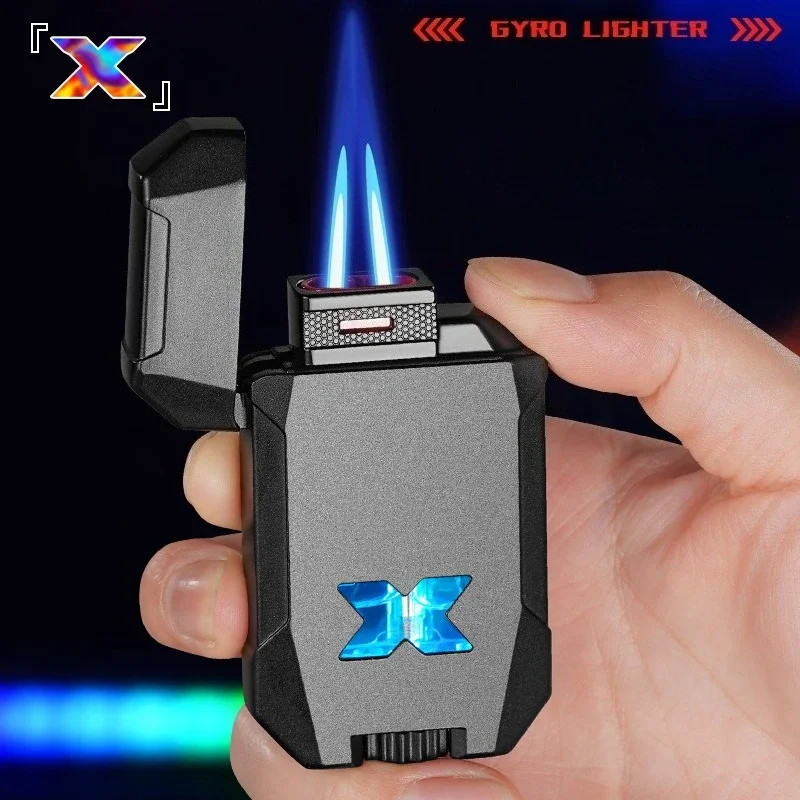 Double Jet Blue Flame Gas Lighter Windproof Cigar Lighter Refillable Butane Lighter with LED Light Cigarette Accessories Gift