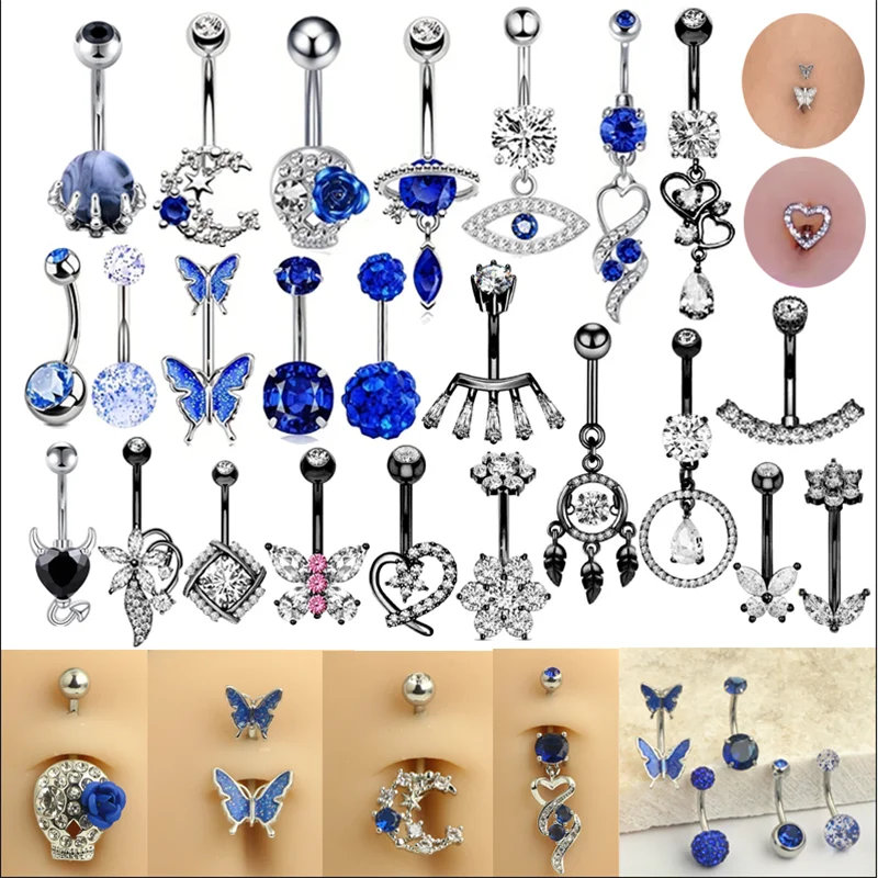 1PC Stainless Steel Belly Button Rings Blue Black Dangle Bellys Piercing Women Reverse Curved Barbell Navel Piercings Body  Kit