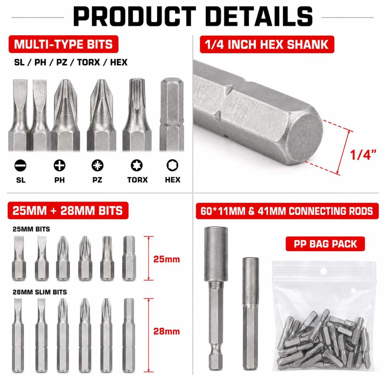 24-Piece Screwdriver Bit Set, 25mm, 28mm, Ph, Pz, Torx, Hex, Flathead, 1/ 4inch Hex Shank, Electric Drill Bits, Connecting Rod, Pp Bagged, for Home Repair DIY