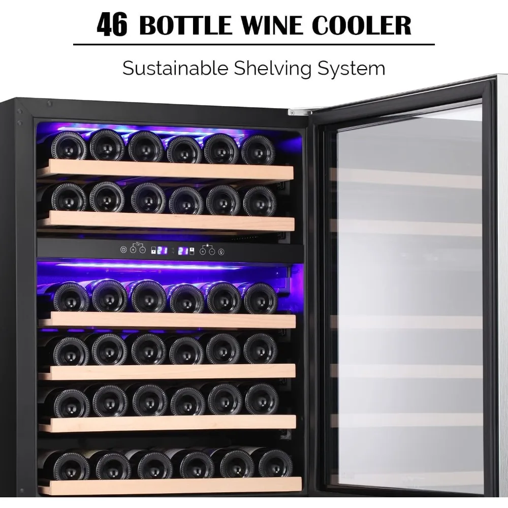 24" Wine Refrigerator Under Counter Beer Mini Fridge Built-in Stainless Steel Dual-Layer Digital Temperature Control Glass Door