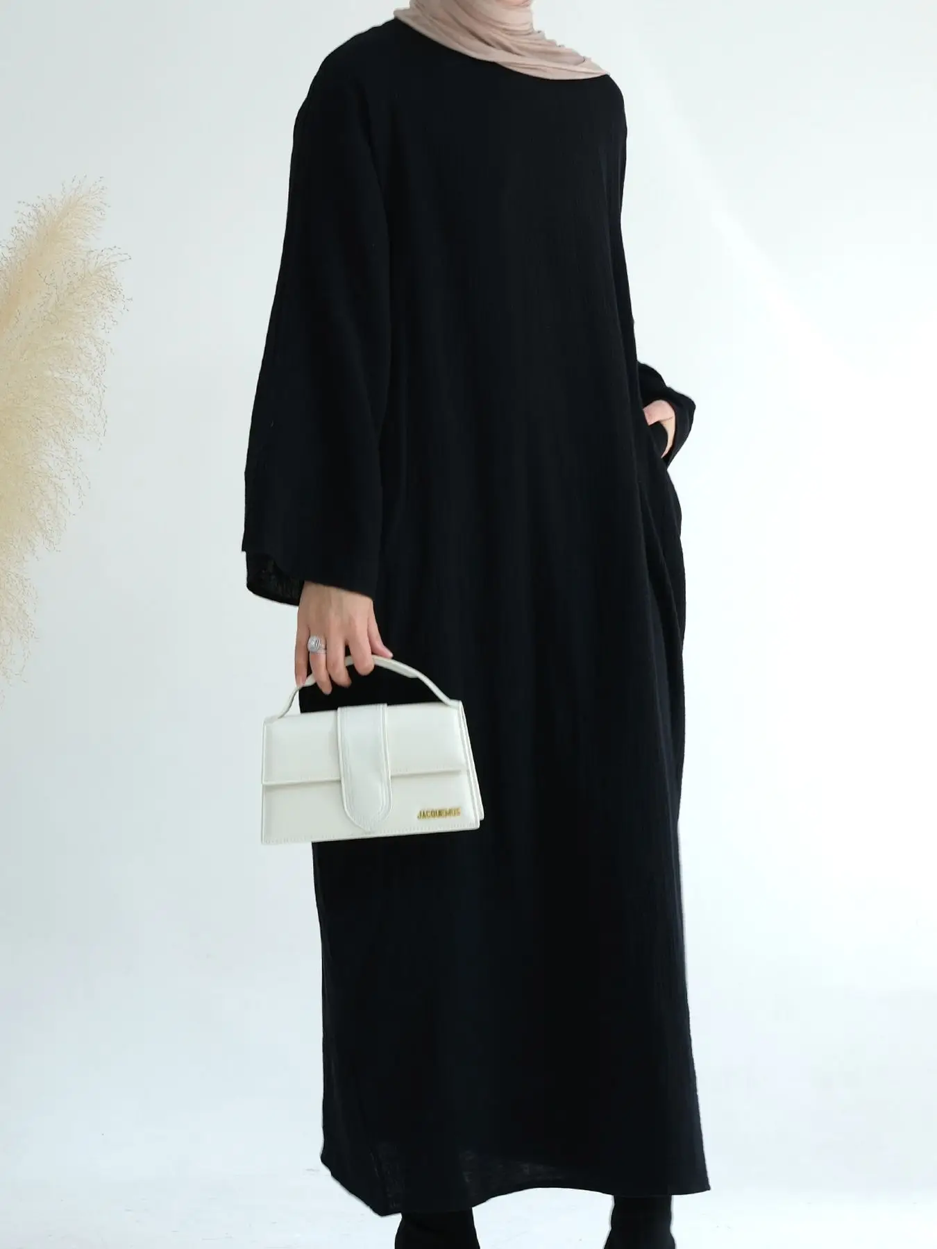 Manica intera turco modesto Abaya abito lungo O collo 100% cotone donna musulmano marocchino caftano Jalabiya Islam Dubai abiti tasche