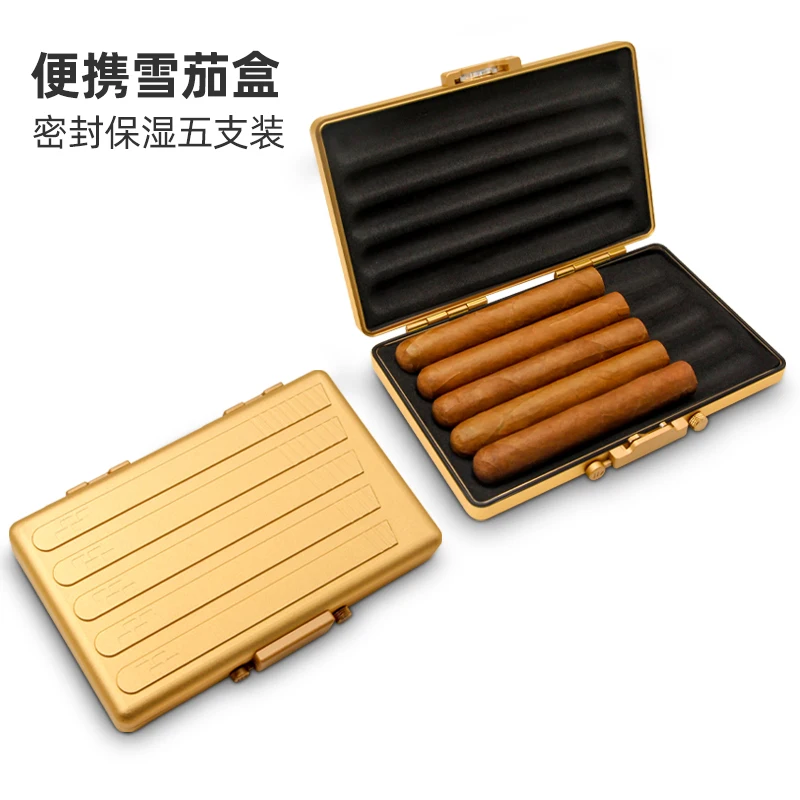 Cigar Box Portable Slim Aluminum Alloy Humidor Sealed Pack of Five for Outdoor Travel