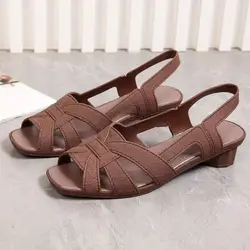 2024 Women's Low Heel Sandals Summer Open Toe Hollow Slip On Beach Sandals Soft Sole Non Slip Lightweight Peep Toe Sandals
