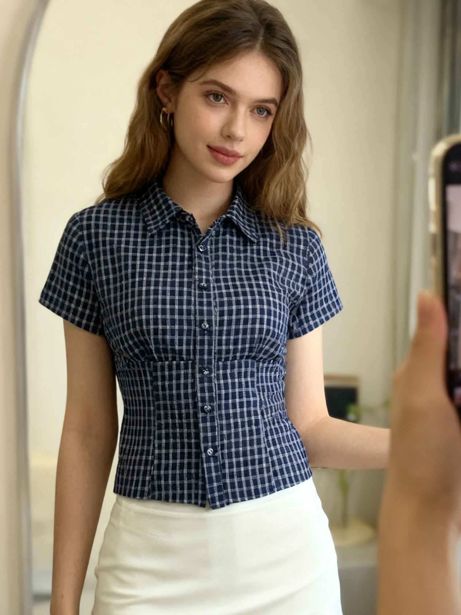 Women s Casual Plaid Print Short Sleeve Shirt Lapel Button Down  Fit Blouse Summer Streetwear Fashion Tops