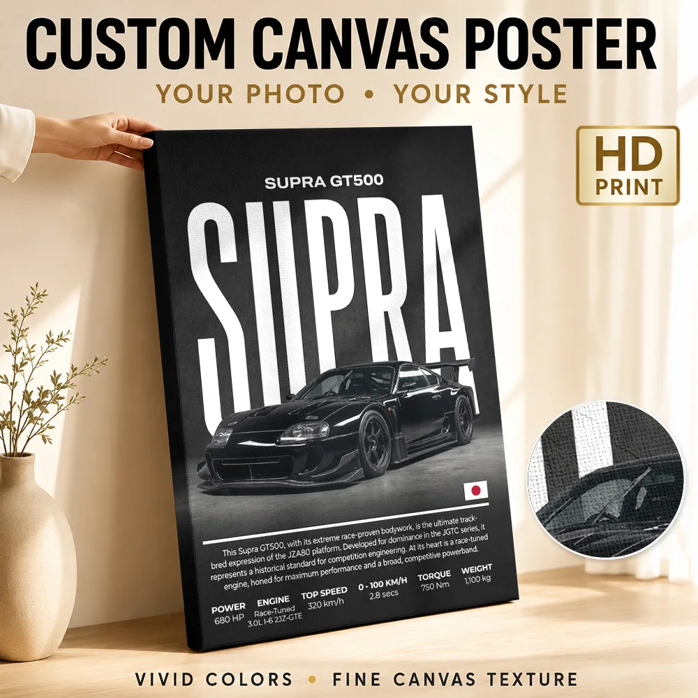 Póster en lienzo enmarcado de coche de carreras Supra GT500 negro, foto personalizada, estilo minimalista moderno, arte de pared en lienzo, decoración de estudio y garaje