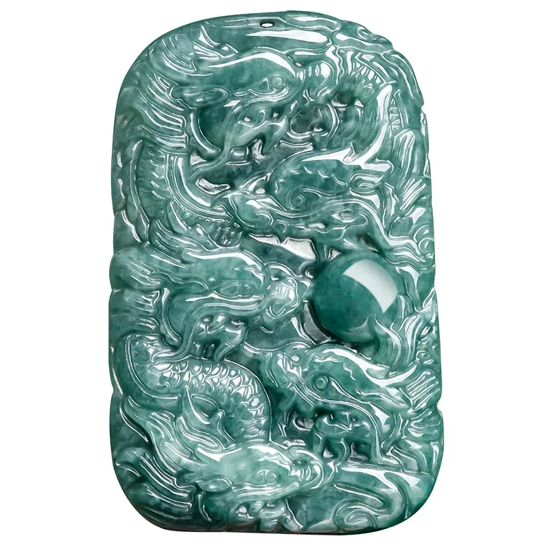 Natural A-grade Jadeite Blue Water Dragon Brand Jiulong Protector Sheng Xiaolong Ice Seed Jade Pendant for Men and Women