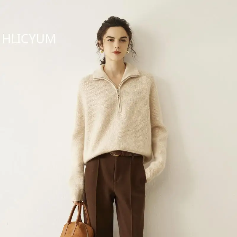 White Cashmere Wool Thick Casual Loose Knitted Sweater Pullovers Women Autumn Turn down Collar Tops Lady Streetwear Zipper jump