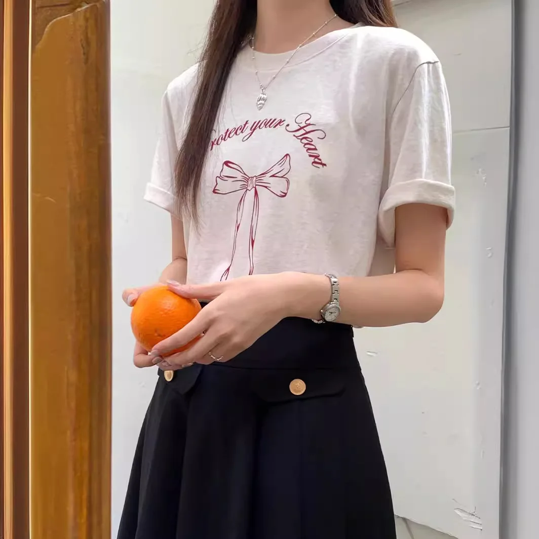 Delicate Bow Short Sleeve T-shirt Women's Summer 2024 Korean Version of the New Loose Casual Pullover Top