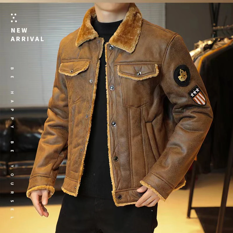 Men Spring Thick Warm Fur Leather Jacket Coat Men Autumn Outwear Casual Military Bomber Motor Biker Leather Jackets Male