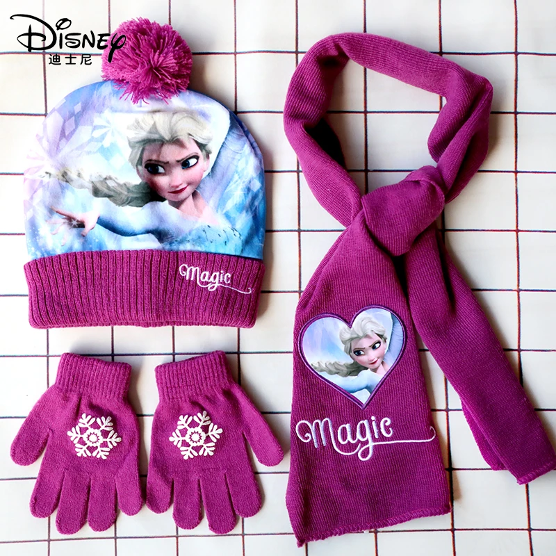 

3pcs/set 4-8Years Children's Hat Elsa Princess The Snow Queen Cartoon hats scarf gloves hat knitted sets girl cap