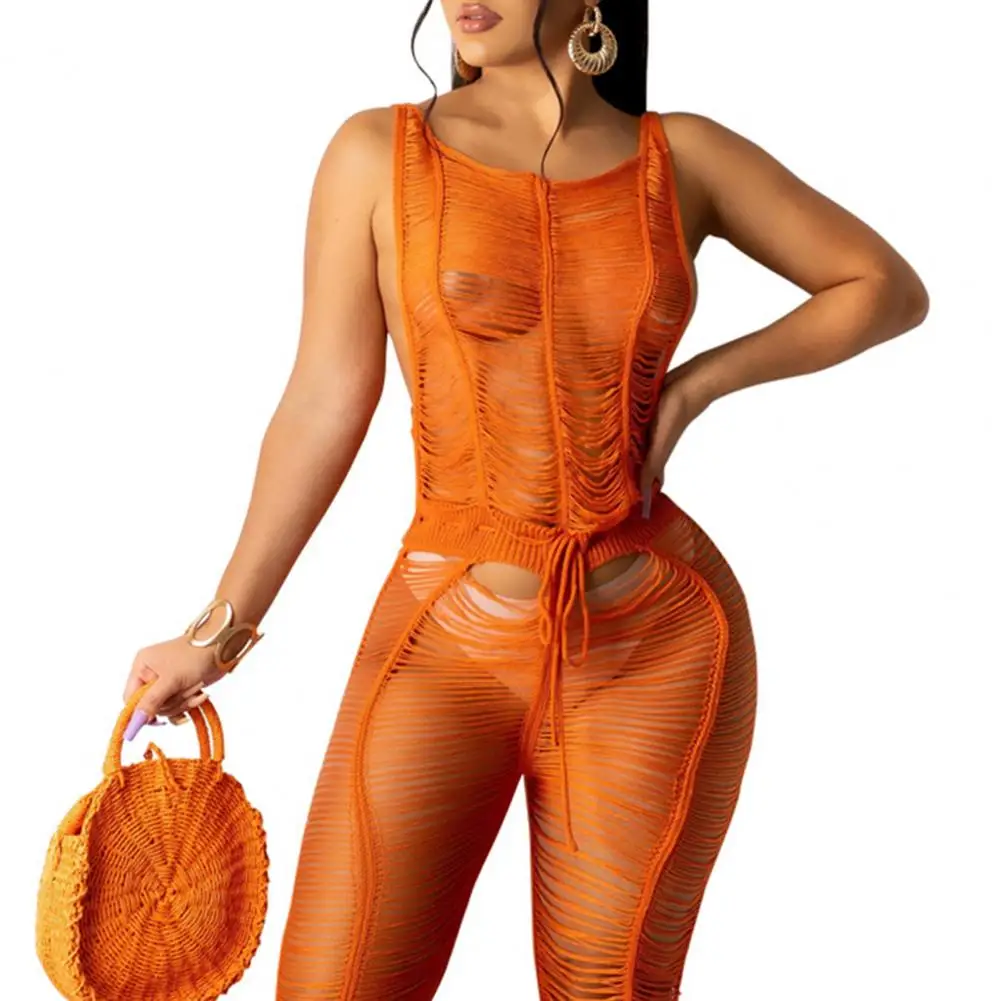 

Sexy Knitted Beach Jumpsuit for Women Summer Solid Color Hollow Out See Through Long Pants Jumpsuit Elegant