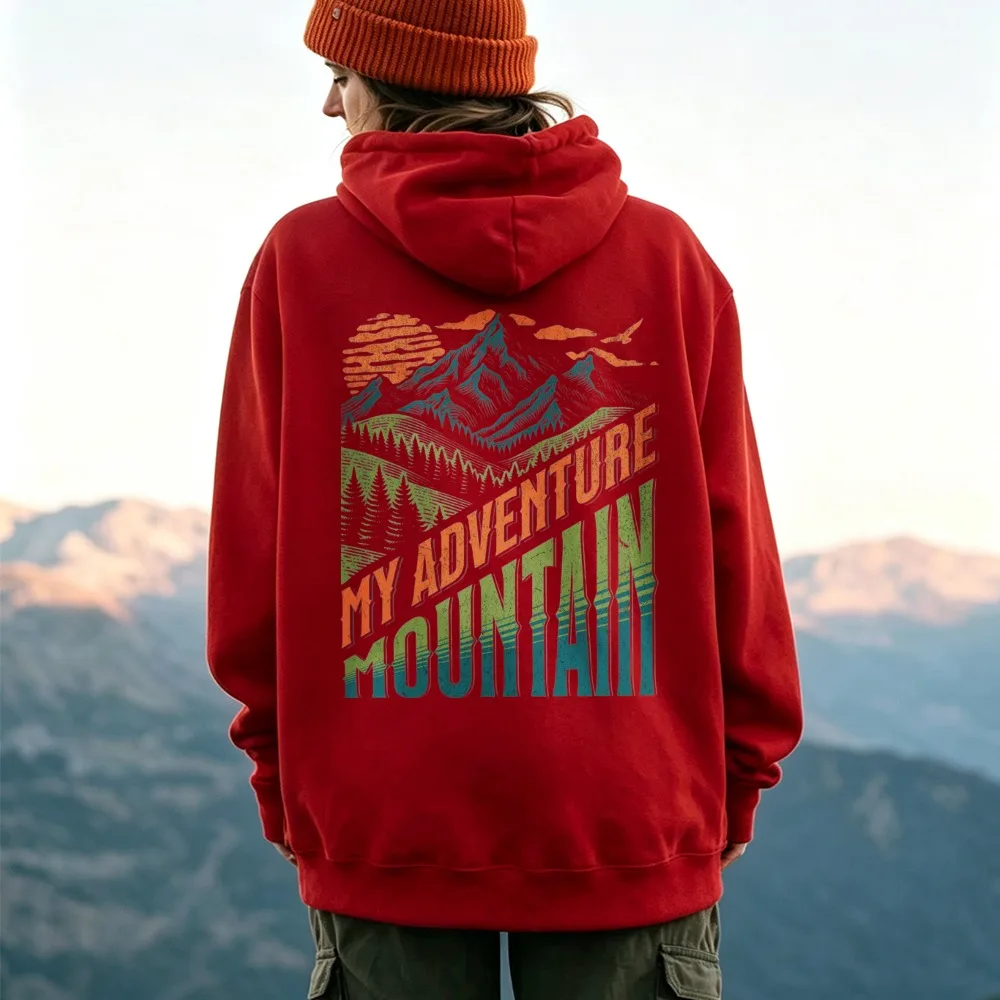 Unisex My Adventure Mountain Retro Sunset Pine Forest Graphic Hoodie Front Print Sweatshirt Outdoor Hiking Camping Casual Hooded
