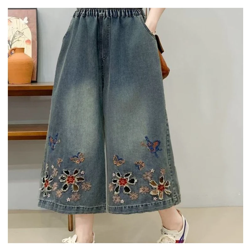 Retro Ethnic Embroidered Heavy Work Denim Pants Women's Wide Leg Summer New Loose Casual High Waist Seven-Foot Skirt Pants