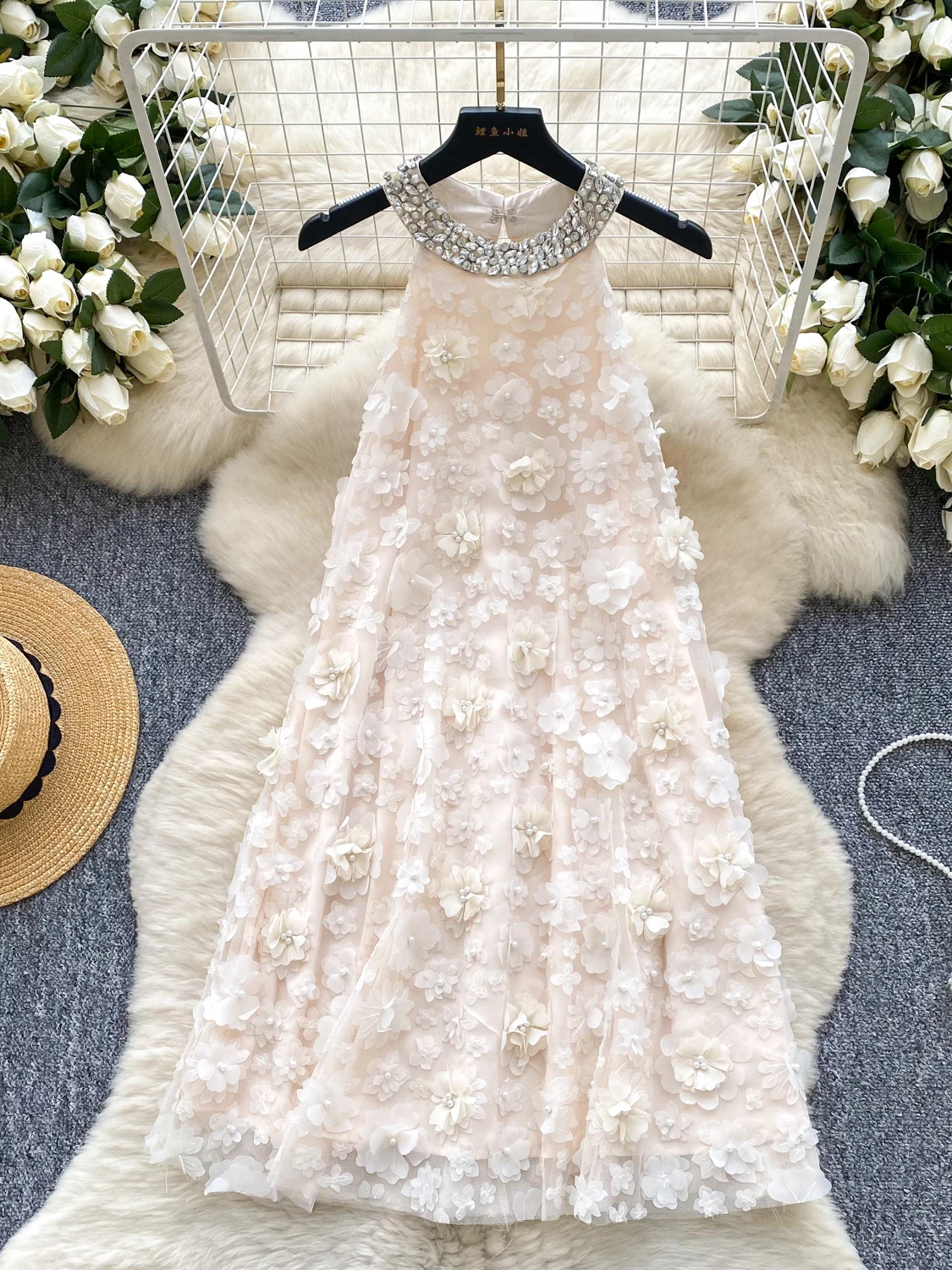 

Ele Diamond Embedded Ne Hanging Svel 3D Flower Dr Women's Summer Faionable Dr High Waist A-Line Skirt