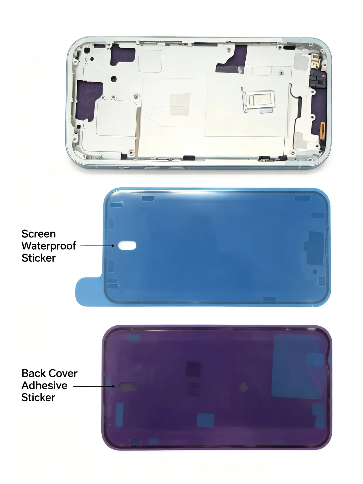 Replacement frame for iphone 15,include  Screen Waterproof Sticker,Back Cover Adhesive Sticker,Bottom Pentalobe Screws,No glass