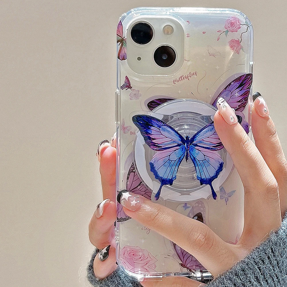 Literature Art Purple Butterfly Flower Senior Magnetic Phone Case For iPhone 15 14 13 12 11 Pro Max Shockproof Protective Cover