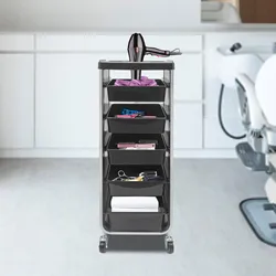 Rolling Beauty Hair Stylist Storage Stand Black Salon Trolley Cart with 5 Drawers and Dryer Holder