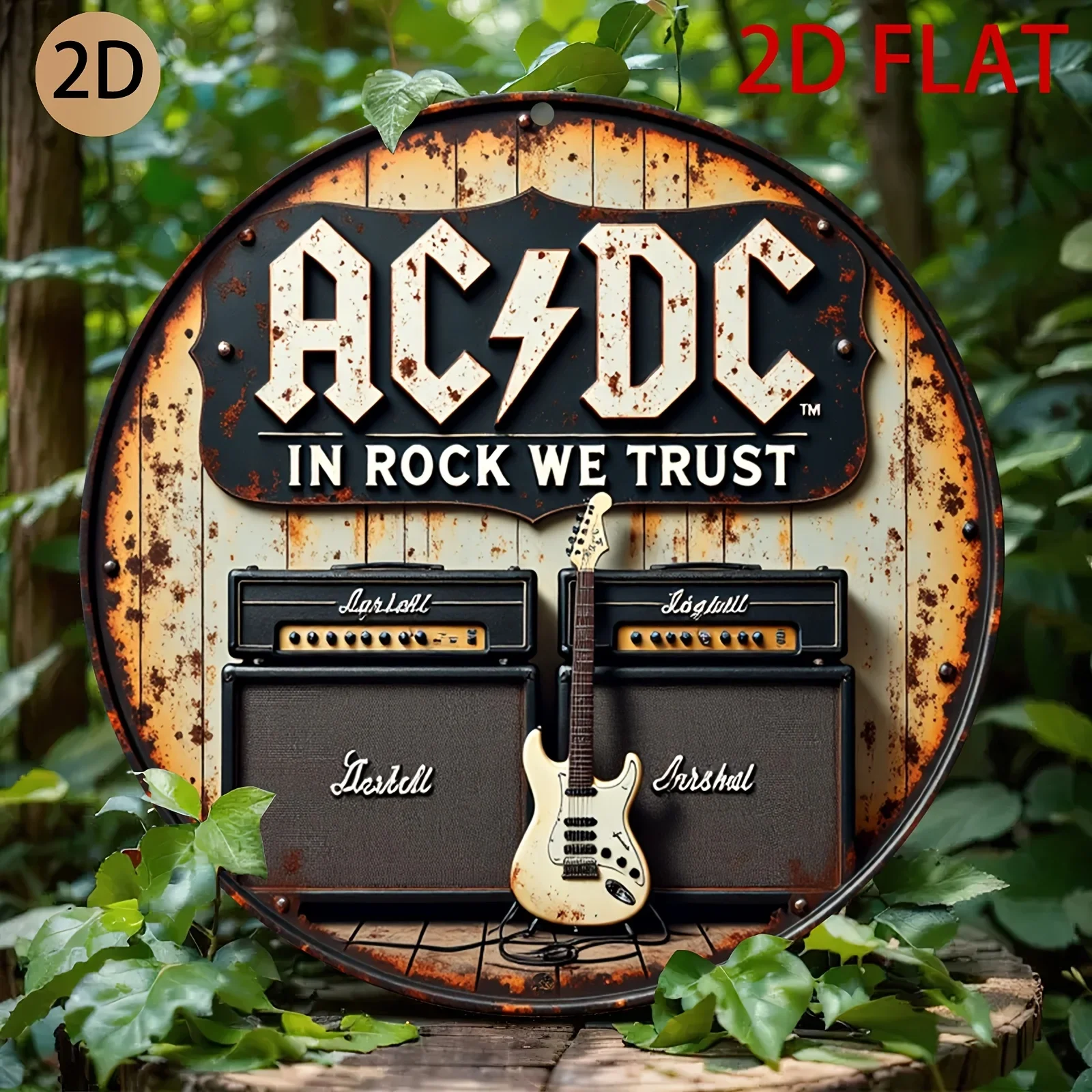 2D Flat - Retro Design of a Circular Tin Metal Logo for ACDC, Perfect for Wall Art in a Music Room, Home, Or Bar