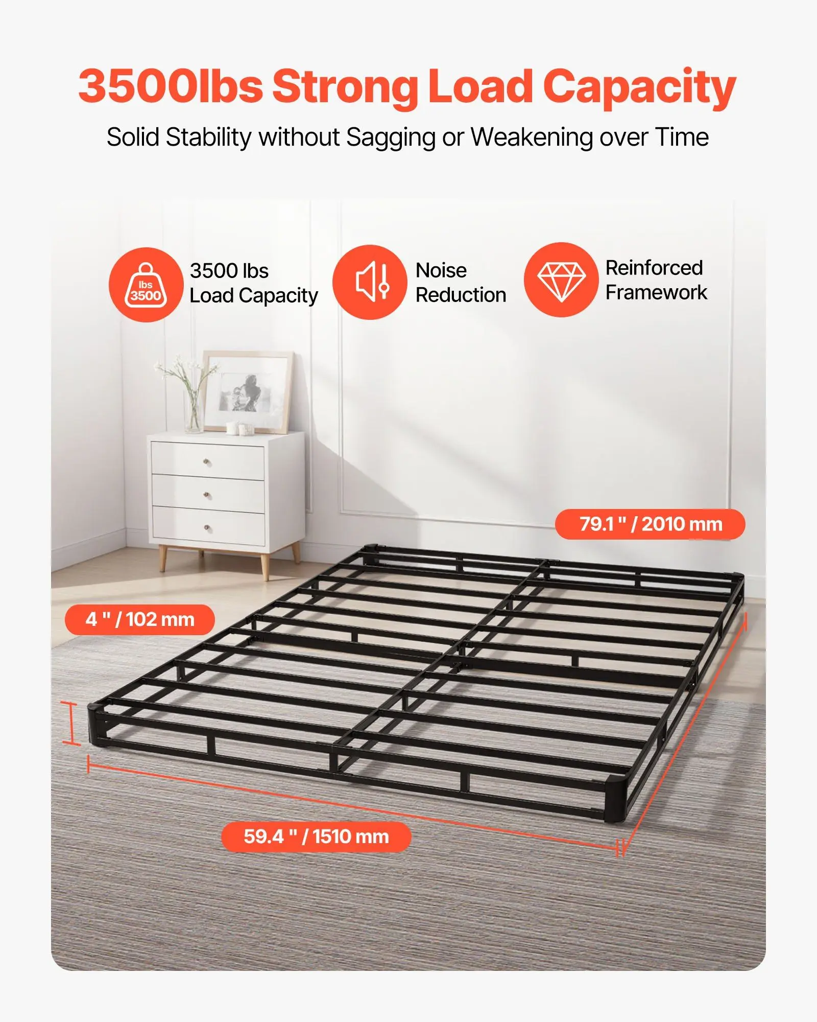 Box Spring, Queen Size Bed Frame with Washable Fabric Cloth, Heavy Duty Metal Frame for Queen Bed, 4 in Mattress Foundation, 3500 lbs Max Weight Capacity, Easy Assembly, 79.1 L x 59.4 W x 4 H in