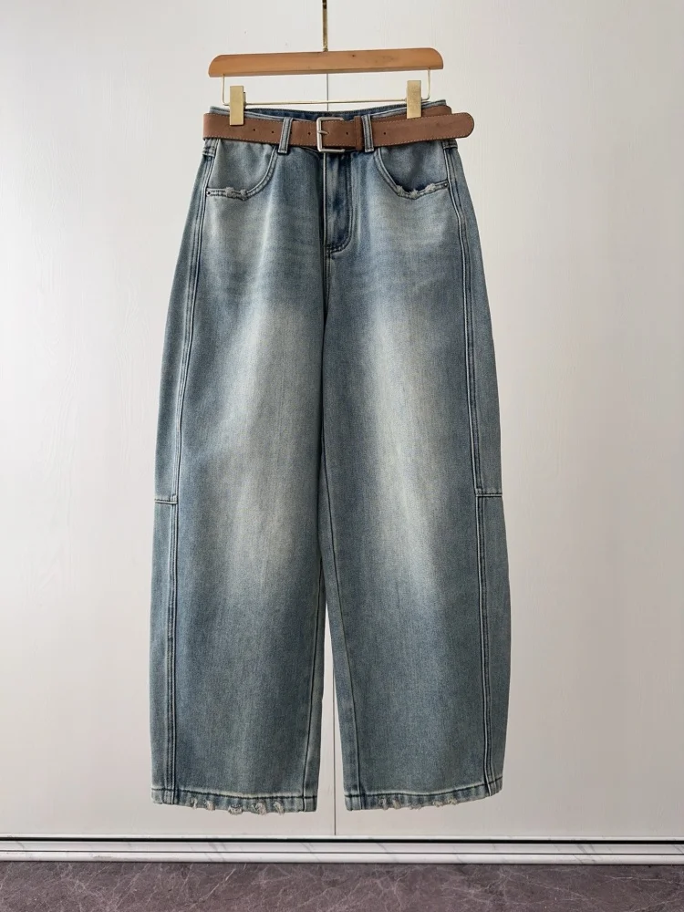 

Winter light blue crescent cut fleece jeans for woman