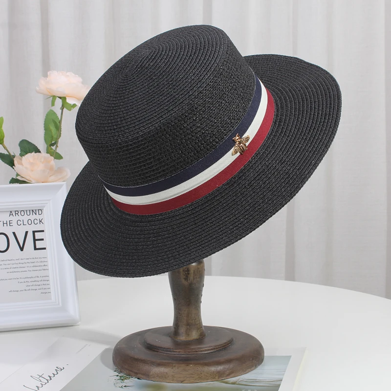 Sun Hats for Women French Flat Brimmed Straw Hat Women\'s British Flat Top Leisure Vacation Panama Beach Cap Chapeu Feminino