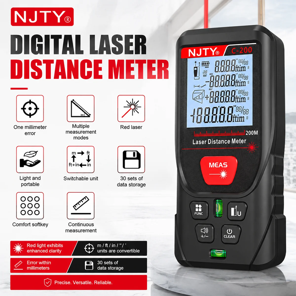 C-50/100/200m Laser Distance Meter Handheld Digital Rangefinder Area Volume Pythagorean Measurement Backlit LCD Display Tools
