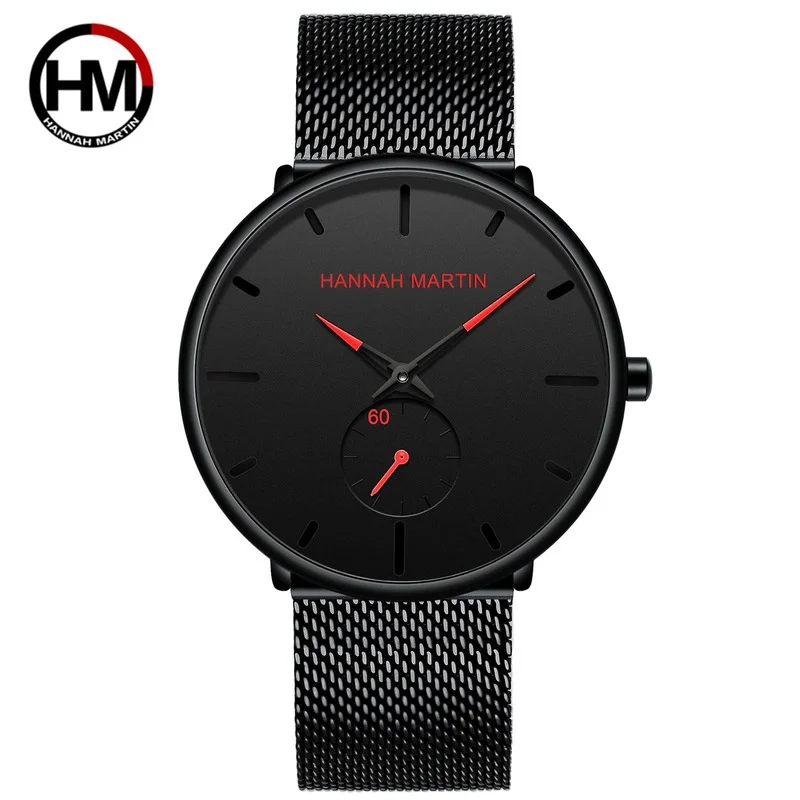 Hannah Martin Men\'s Watch Japan Movement Simple Business Quartz Stainless Steel Mesh Belt Waterproof Men\'s Watch Birthday Gift