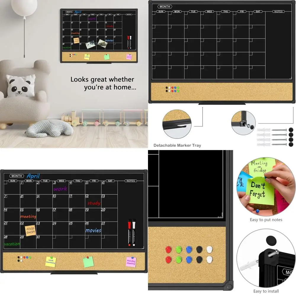 

36x24 Magnetic Black Dry Erase Board & Bulletin Board, Ideal for Liquid Chalk, Aluminum Framed, Office/School Use, Includes 10 P