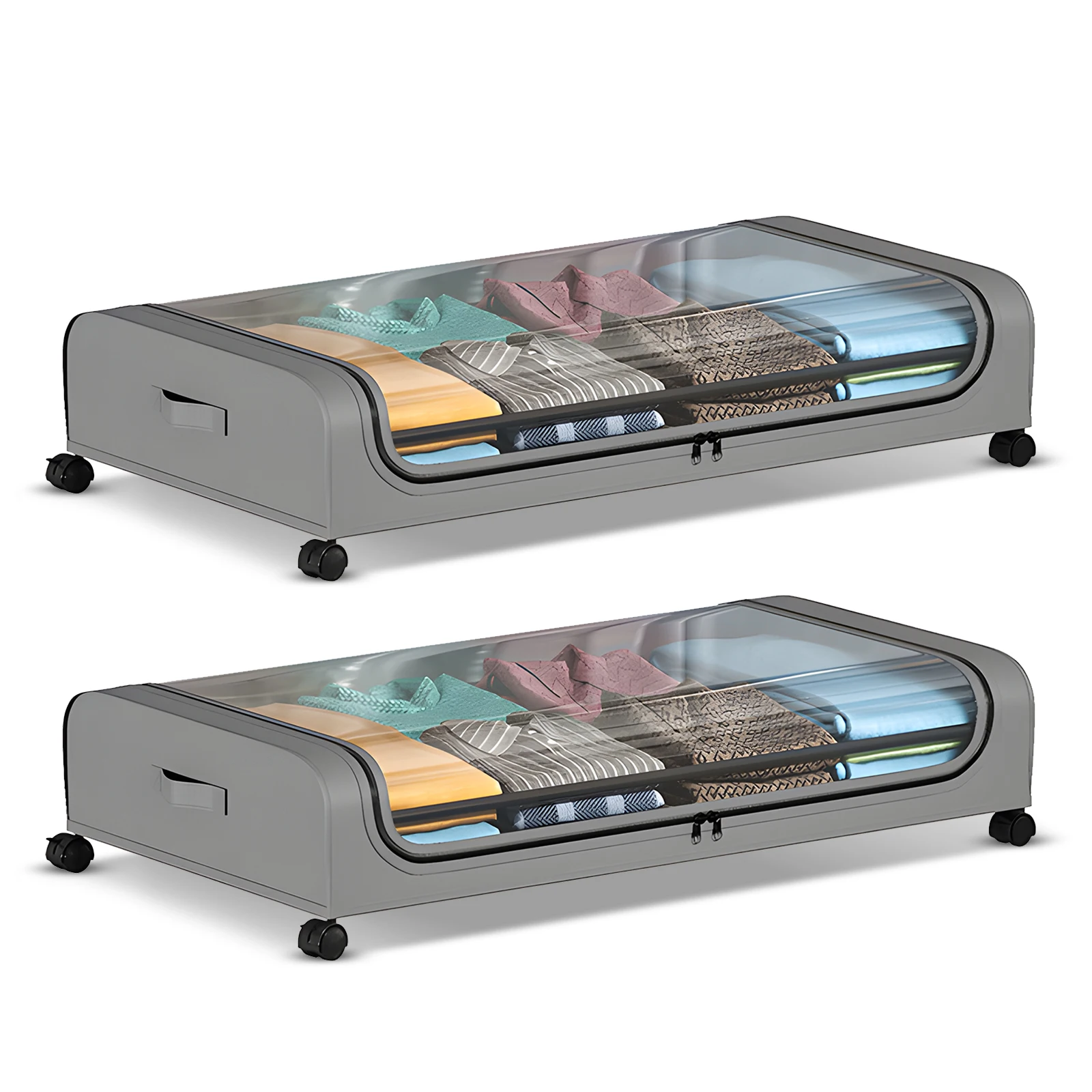 2-pack opbergcontainers voor onder het bed met deksels en wielen, multifunctionele opbergbakken voor kleding, doorzichtig, zichtbaar, stofdicht U