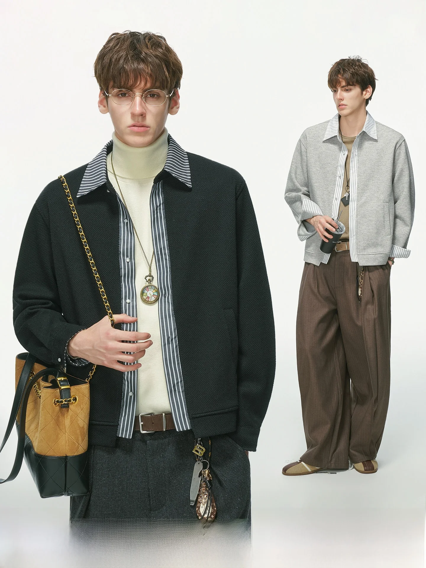 Dream Made Men's Striped Open Cardigan Jacket Autumn Texture Sensation Fake Two-Piece Sweatshirt Outerwear Youth Fashion