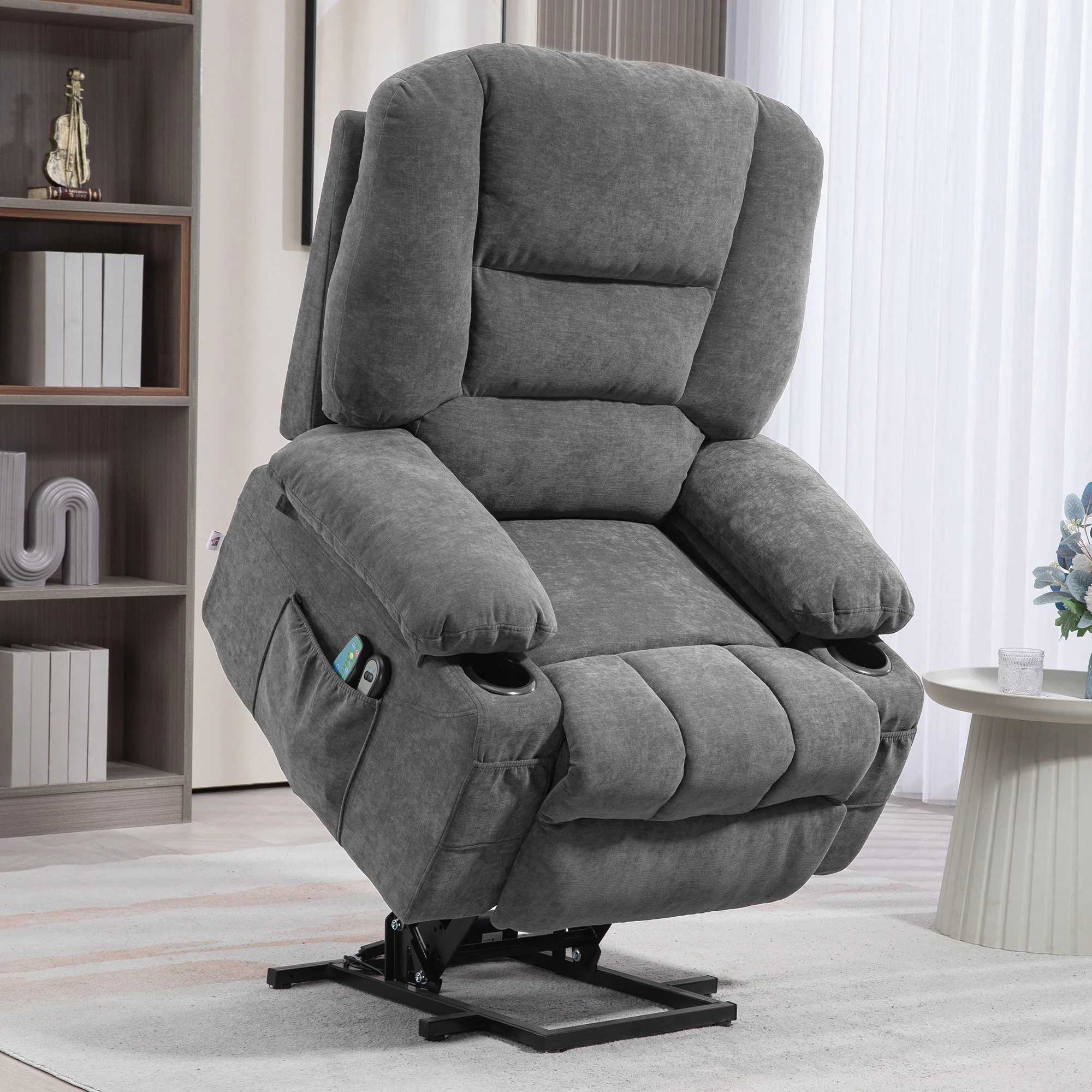 HOMCOM Power Lift Recliner Chair Sofa with Vibration Massage and Heat, Fabric Lift Chair for Elderly, Massage Recliner Chair with Remote Control, Side Pockets, Quick Assembly, Charcoal Gray
