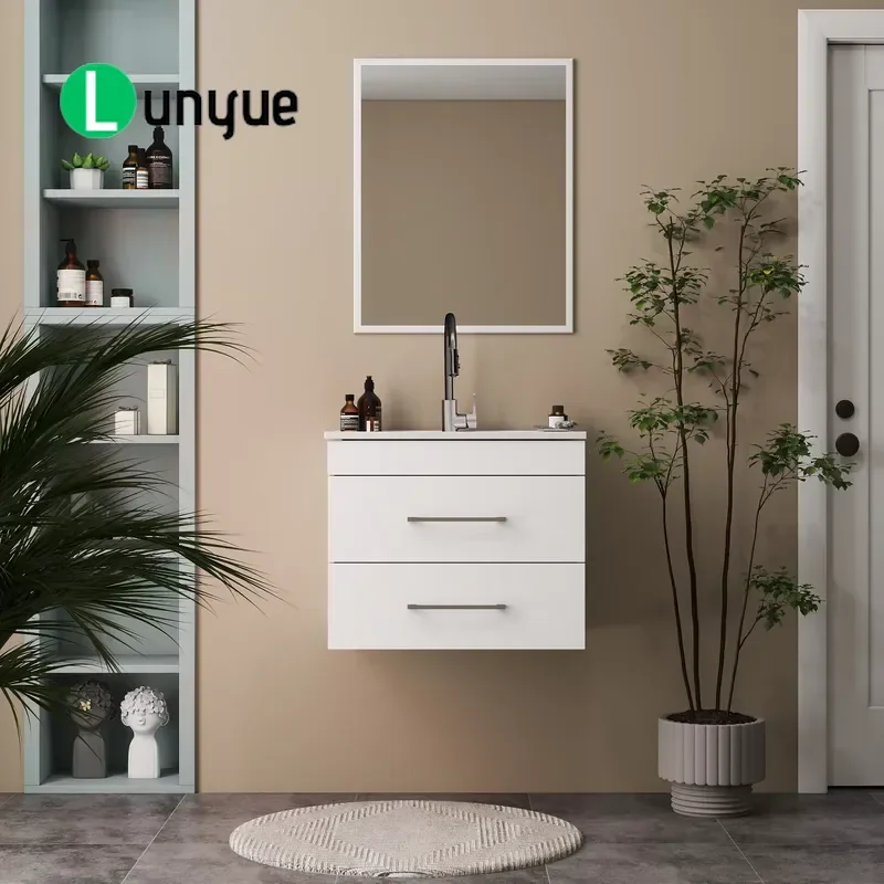 24 Inch Modern White Lacquered Waterproof Wall Mounted Bathroom Sink Vanity With Double Drawers For Small Bathrooms Storage