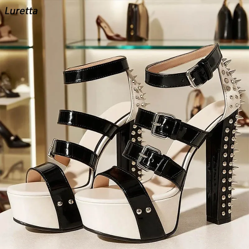 

Luretta Artisan Crafted Spiked Platform Heels - Black White Studded Sandals with Multiple Straps US Size 5-20