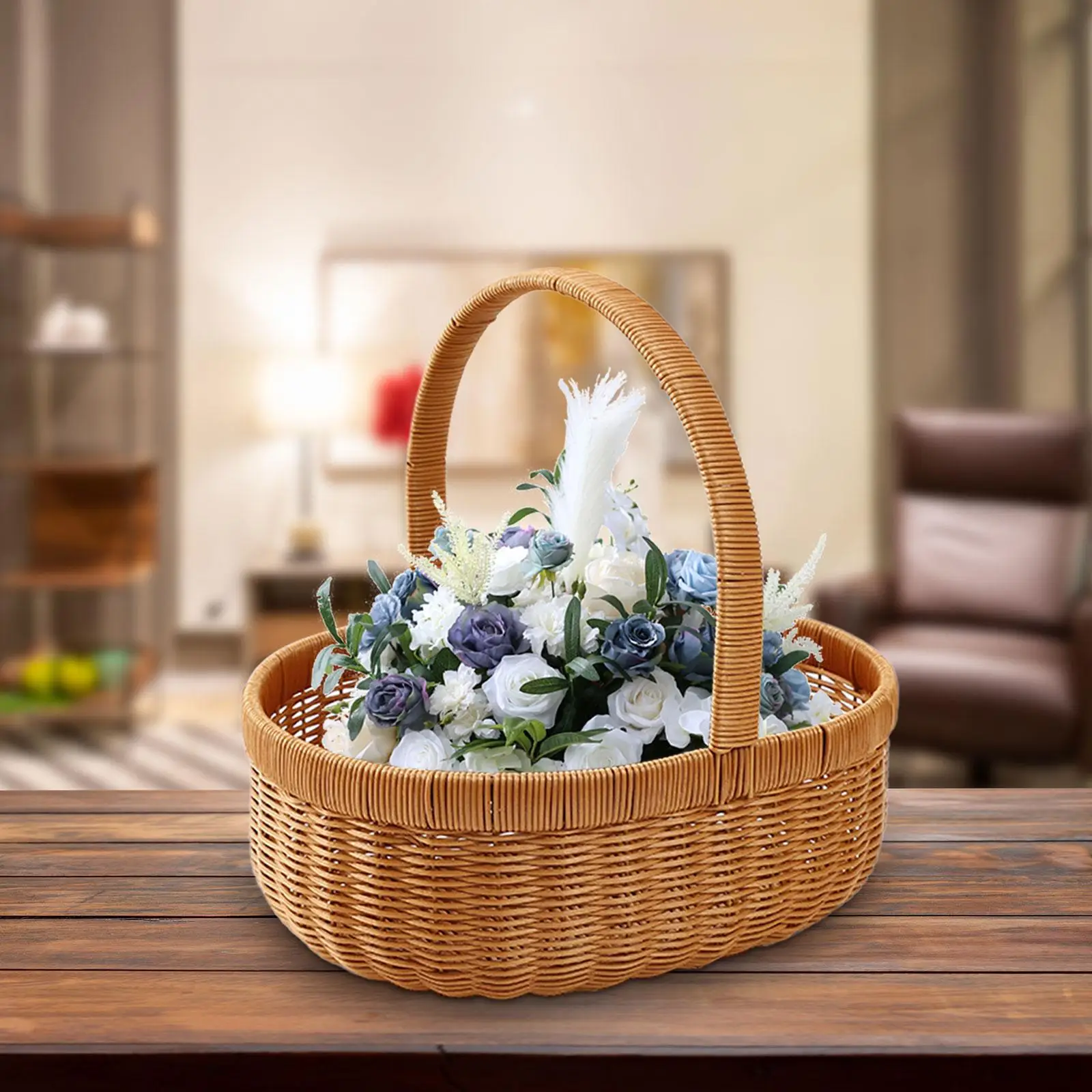 Flower Baskets Multipurpose Farm Rustic Countryside Imitation Rattan Picnic Basket for Harvesting Fruit Picnic Wedding Gathering