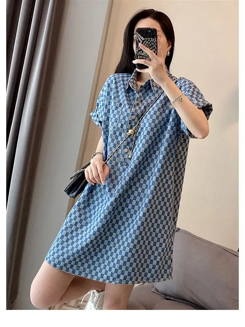 

plus Size Women's Casual Plaid irt Dr ort Sve Loose Belly Cover Summer Faion Korean Sle A-Line Dr