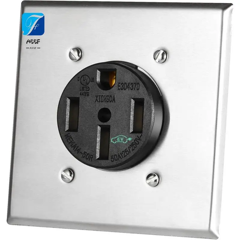 A55F-50Amp NEMA 14-50R EV Charging Receptacle With Stainless Steel Wall Plate,125/250V 3-Pole 4-Wire Grounding For EV,RVS