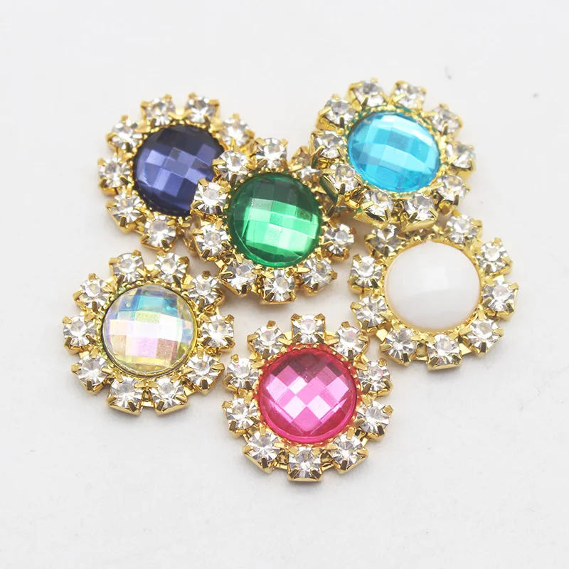 Exquisite Metal Round Acrylic Flat Bottom Rhinestone Buttons 10 Pieces/Batch 14MM DIY Dress Wedding Decoration Accessories
