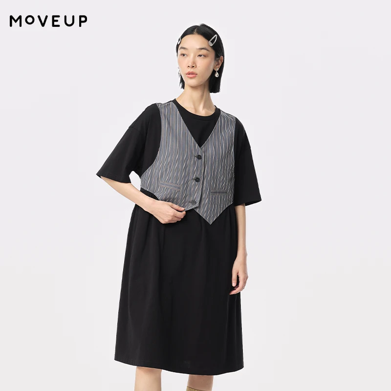 

MOVEUP Short Sleeved Round Neck Dress 2026 Summer New False Two-Piece Vertical Stripe Design Commuting Knitted Dress 324211310