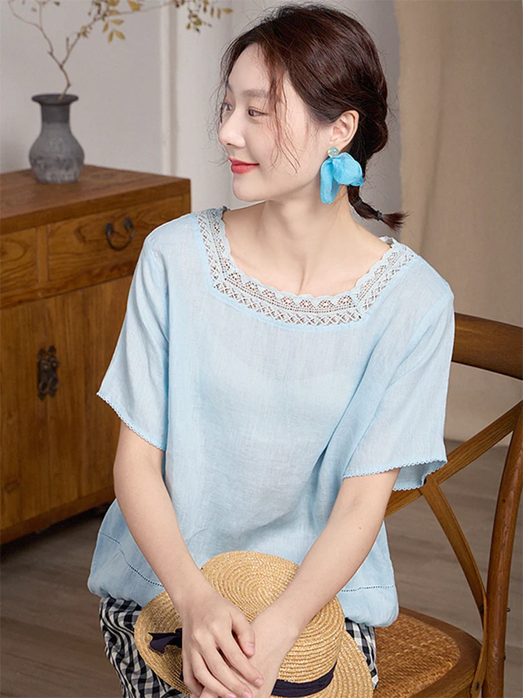 

Ele Heavy-Lace Trimmed Linen Top Loose Fit Square Collar Slimming T-irt Fre Versatile Casual Women's irt