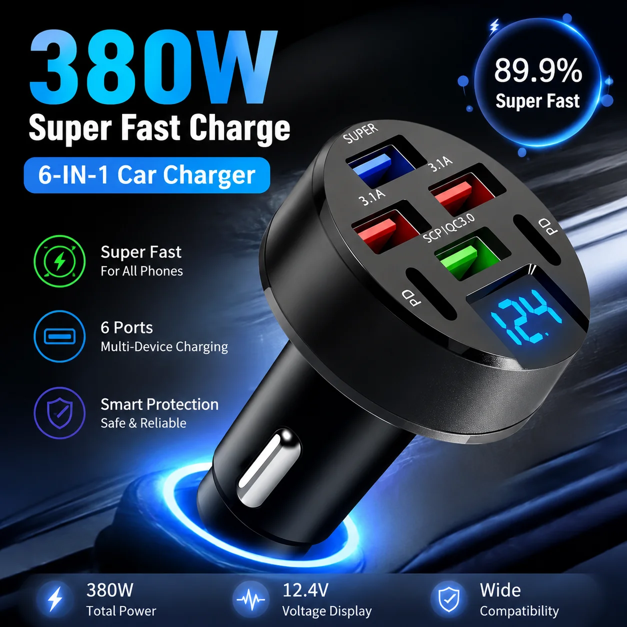 380W 6 Ports Car Charger Fast Charging PD QC3.0 USB C Car Phone Charger Adapter With Voltage For iPhone Samsung Huawei Xiaomi