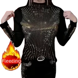 Plus Size Casual Stand Neck Autumn Winter Warm Fleece Slim Long Sleeve Top Women's T-Shirt & Blouses Bright Diamonds Sexy Party