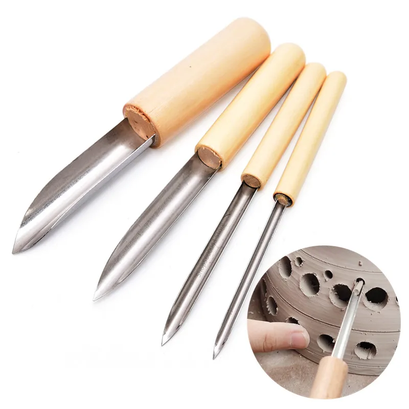 

Pottery Tool Puncher 4 Pieces/set Stainless Steel Head Wooden Handle Semicircle/circle Turn Hole Punching Chisel Grooving Tool