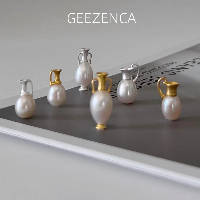 GEEZENCA Pearl 925 Sterling Silver 3D Pottery Bottle Shape Necklace Pendant For Women Unique Dainty Gift Pendants Without Chain