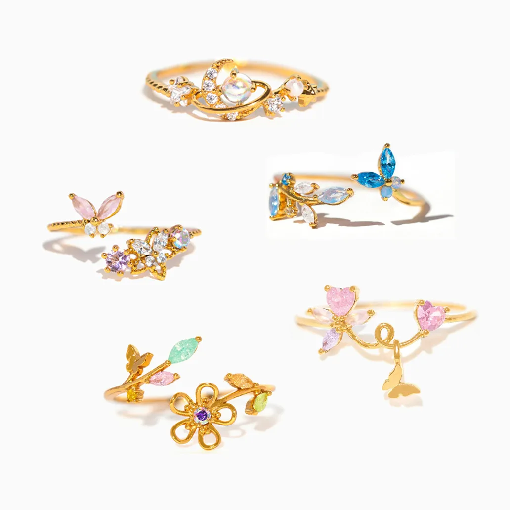 Funkelnder Neuer Modischer Kreativer Exquisiter Bunter Mond Stern Schmetterling Blumen Herz Verstellbarer Ring für Frauen Mädchen Schmuck Geschenk