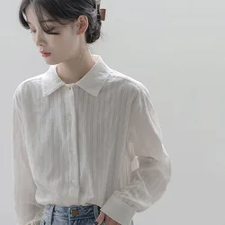 White Long-Sleeved Shirt Women 2025 Spring Summer Vintage Loose Turndown Collar Blouse Woman Elegant Single-Breasted Shirts