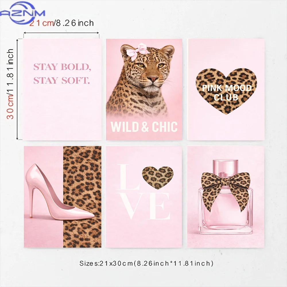 Collection of 6 Pink Leopard Canvas Prints for Fashionable Wall Art, Wild Chic Decor for Girls' Rooms, Featuring High Heels, P
