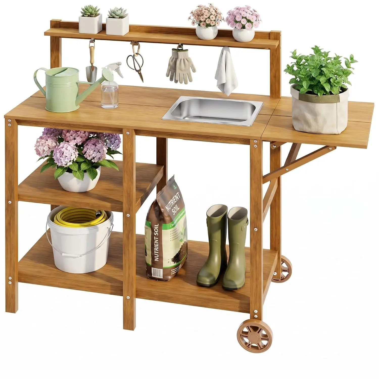 All-Weather Potting Bench with Sink, Folding Extension & Wheels, Outdoor Garden Patio Porch, 520lbs, Customized