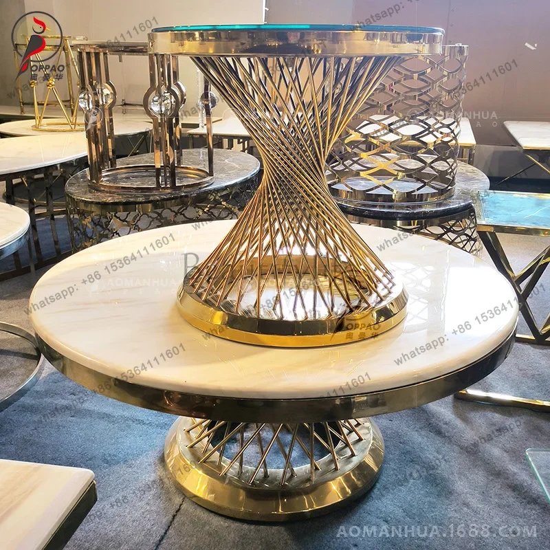 x4 Stainless steel marble coffee table, simple metal hotel meeting table, bird's nest hollow titanium gold
