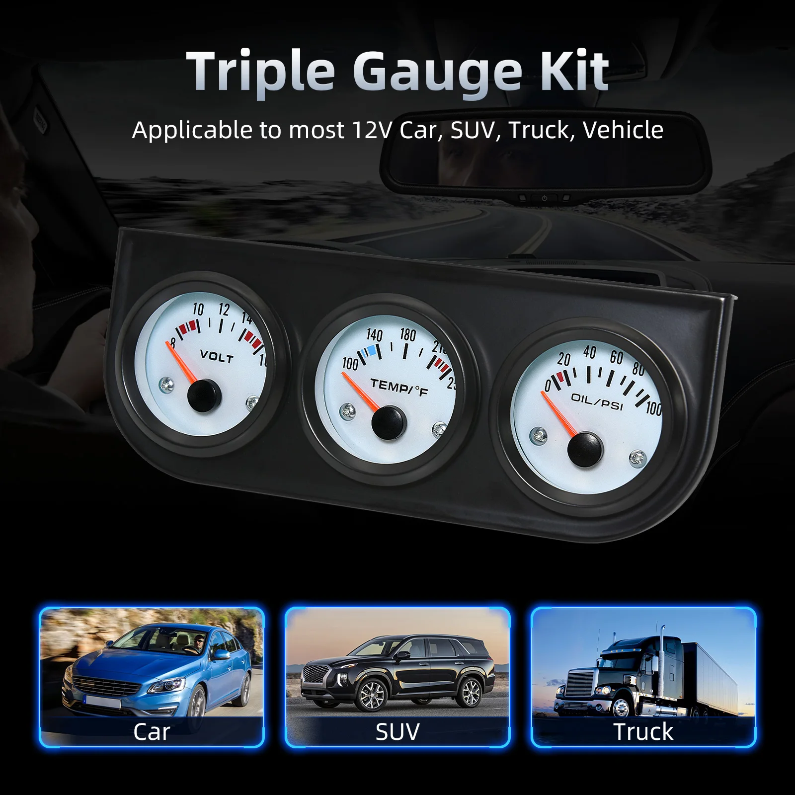 油圧計キット,トリプルメーター,3 in 1,水温計,電圧8-16v,100-250,0-100psi,車,SUV,トラック用