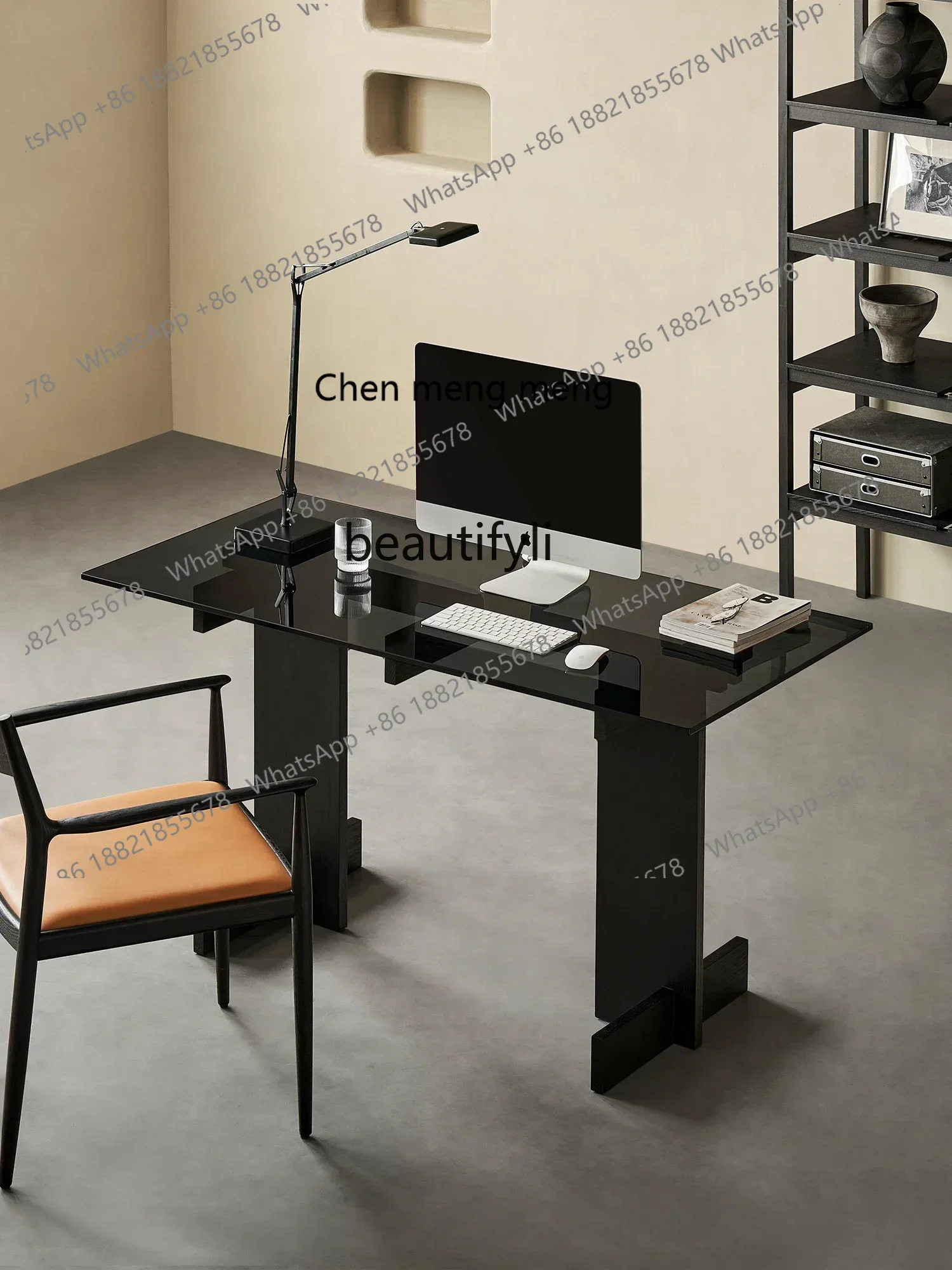 200302Desk Solid Wood Black Tempered Office Glass Table Home Italian Minimalist Computer Desk